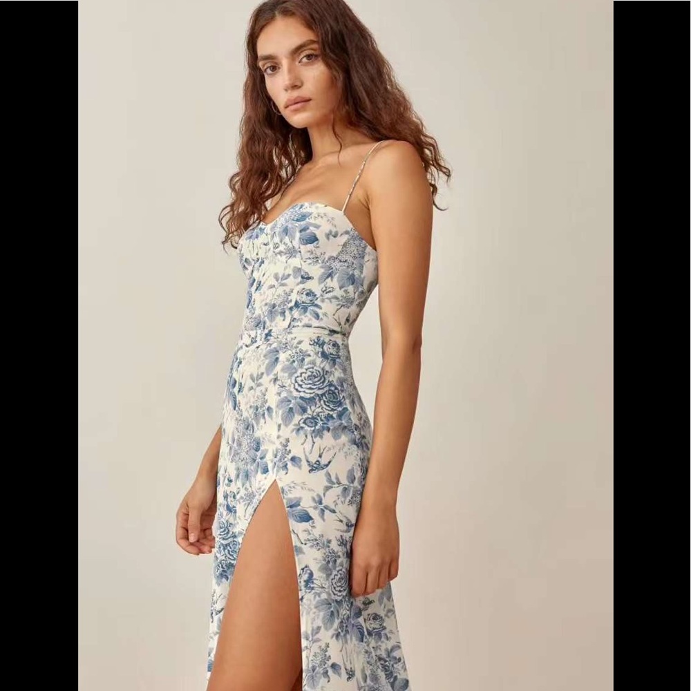 Reformation Blue and White Floral Slip Dress with Side Slit